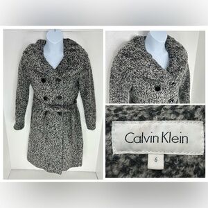 Calvin Klein Pea Coat Size 6 Black White Double Breasted Long Winter Jacket‎